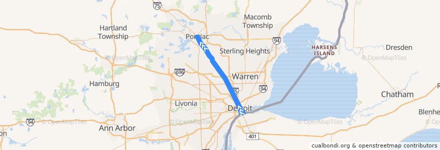 Mapa del recorrido 462 NB: Detroit => Pontiac de la línea  en 密歇根州.