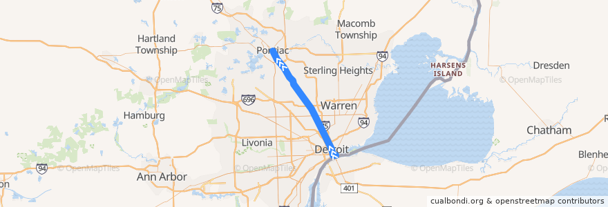 Mapa del recorrido 462 NB: Detroit => Pontiac de la línea  en ميشيغان.