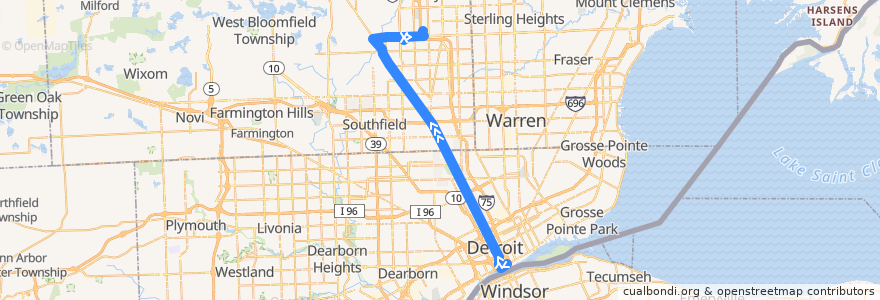 Mapa del recorrido 461 NB: Detroit => Troy de la línea  en Michigan.