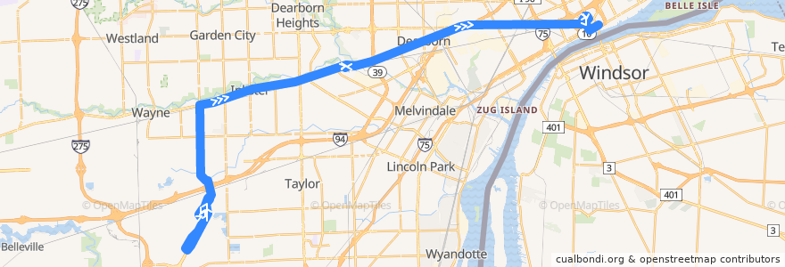 Mapa del recorrido 261 EB: Metro Airport => Detroit de la línea  en مقاطعة وين.
