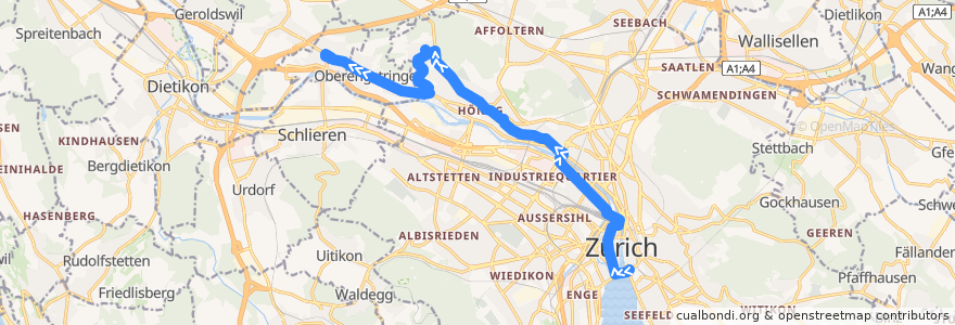 Mapa del recorrido Bus N4: Bellevue → Unterengstringen de la línea  en Zúrich.