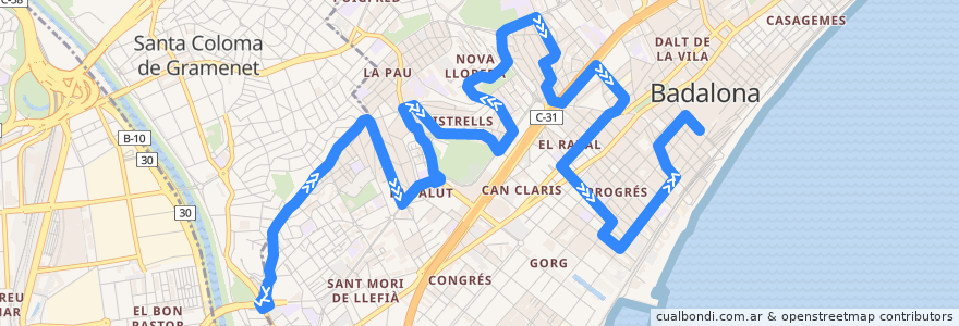 Mapa del recorrido B5 Hospital Esperit Sant (Santa Coloma de Gramenet) - Estació Rodalies (Badalona) de la línea  en Badalona.