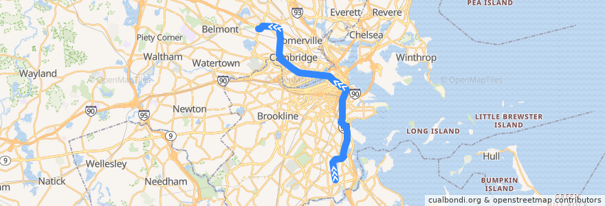 Mapa del recorrido MBTA Red Line: Ashmont → Alewife de la línea  en Massachusetts.