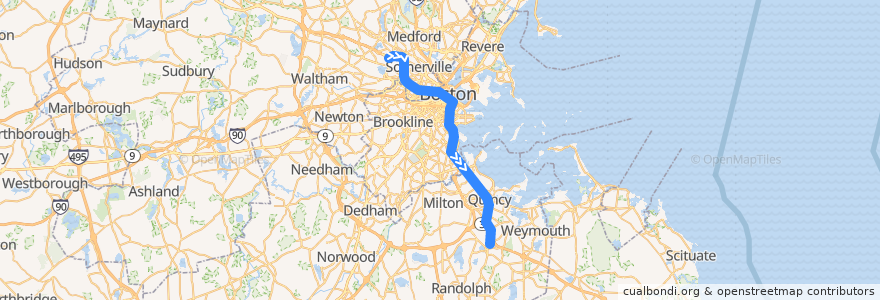 Mapa del recorrido MBTA Red Line: Alewife → Braintree de la línea  en 马萨诸塞州 / 麻薩諸塞州 / 麻省.