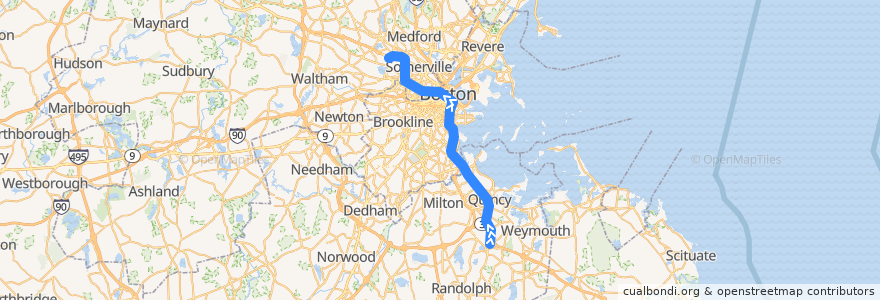 Mapa del recorrido MBTA Red Line: Braintree → Alewife de la línea  en 马萨诸塞州 / 麻薩諸塞州 / 麻省.