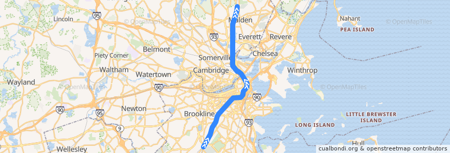 Mapa del recorrido MBTA Orange Line: Forest Hills → Oak Grove de la línea  en マサチューセッツ州.