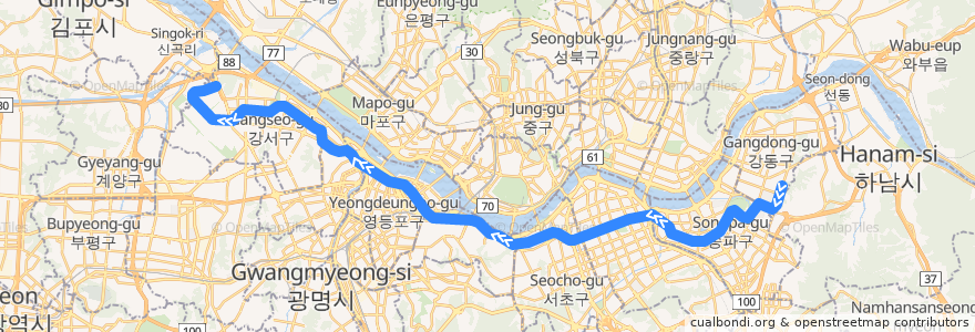 Mapa del recorrido 서울 지하철 9호선: 중앙보훈병원 → 개화 de la línea  en ソウル.