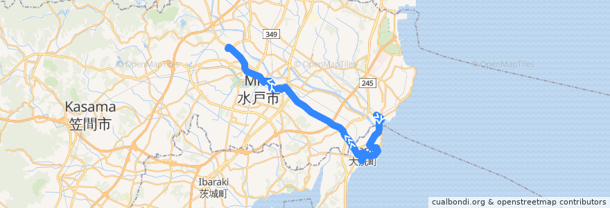 Mapa del recorrido 茨城交通バス50系統 那珂湊駅⇒大洗フェリーターミナル・水戸駅⇒茨大前営業所 de la línea  en Prefettura di Ibaraki.