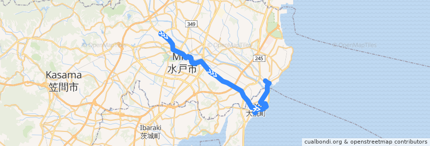 Mapa del recorrido 茨城交通バス50系統 茨大前営業所⇒水戸駅・大洗フェリーターミナル⇒那珂湊駅 de la línea  en Ibaraki Prefecture.