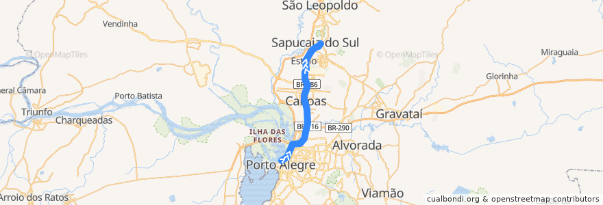 Mapa del recorrido Norte: Mercado - Sapucaia de la línea  en Metropolitan Region of Porto Alegre.