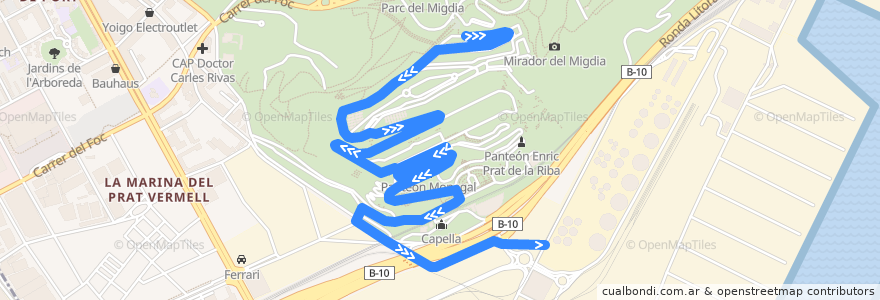 Mapa del recorrido 107 Cementiri de Montjuïc. Pg. del Migdia => Pg. Can Tunis de la línea  en Barcelona.