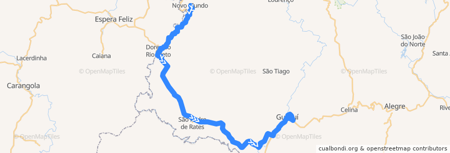 Mapa del recorrido 165/0 Mundo Novo / Guaçuí de la línea  en Microrregião Caparaó.