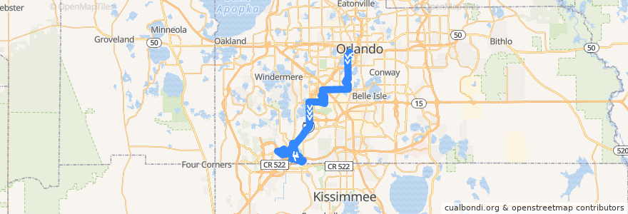 Mapa del recorrido 304 Disney Direct (AM outbound) de la línea  en Orange County.