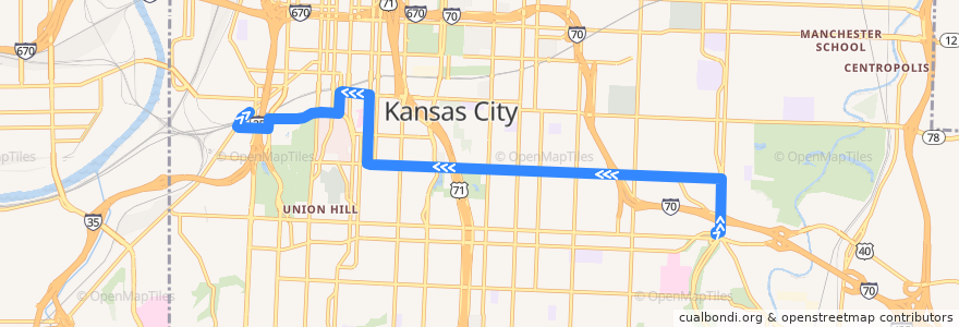 Mapa del recorrido Bus 27: 31st & Van Brunt → 25th & Summit de la línea  en Kansas City.