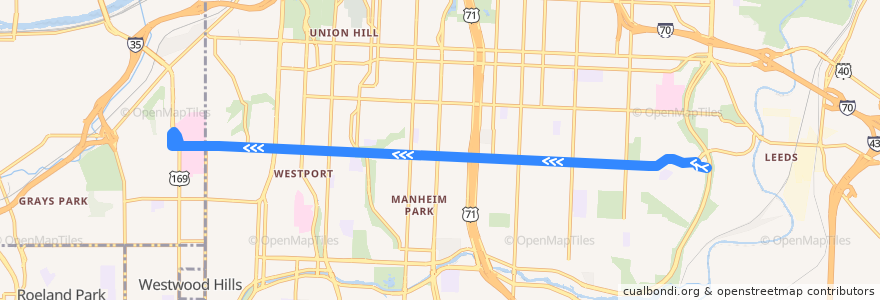 Mapa del recorrido Route 39: Westbound de la línea  en Kansas City.