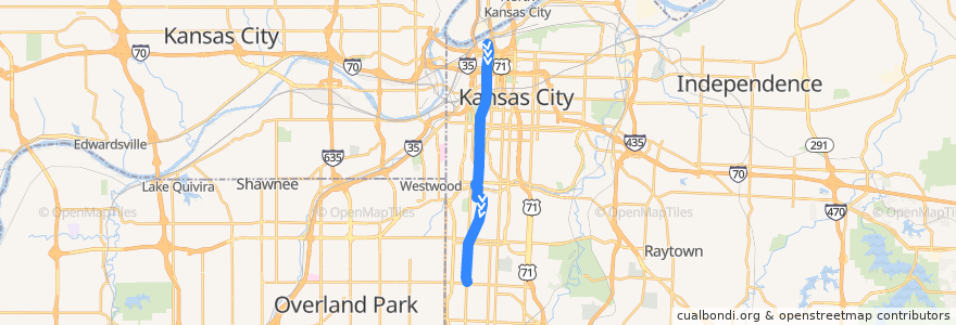 Mapa del recorrido Main Street MAX: Southbound de la línea  en Kansas City.