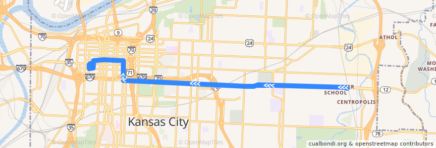 Mapa del recorrido Route 15: Westbound de la línea  en Kansas City.
