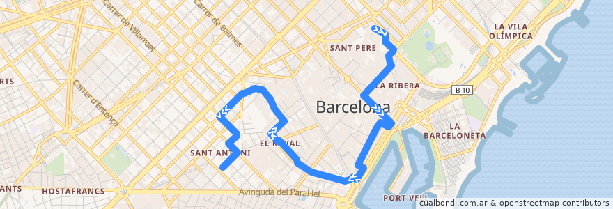 Mapa del recorrido 120 Ciutat Vella => Mercat Sant Antoni de la línea  en 바르셀로나.