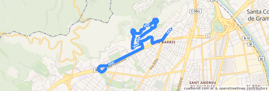 Mapa del recorrido 127 Roquetes => Pl- Karl Marx de la línea  en Barcelona.