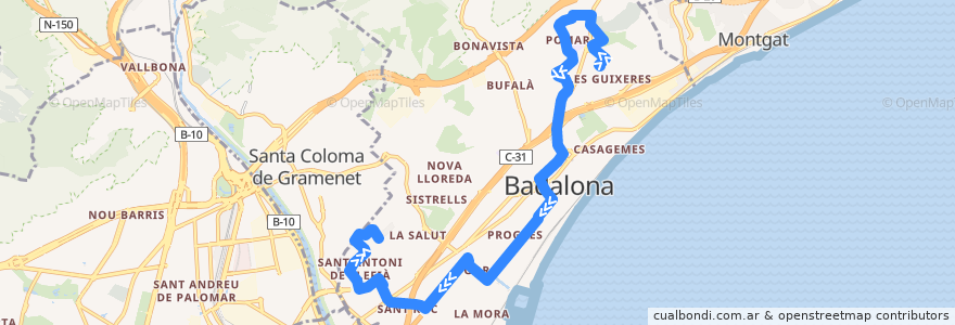 Mapa del recorrido B3 BADALONA (LES GUIXERES - LLEFIÀ) de la línea  en Badalona.