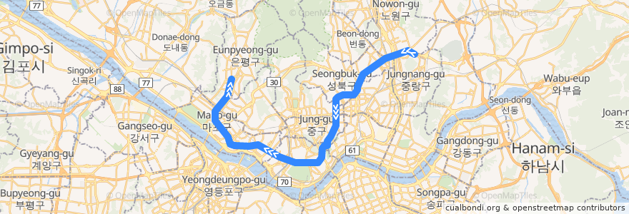 Mapa del recorrido 서울 지하철 6호선: 봉화산 → 응암순환 de la línea  en سول.