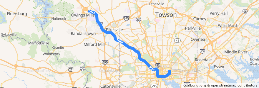 Mapa del recorrido Baltimore Metro SubwayLink: Owings Mills → Johns Hopkins de la línea  en Maryland.