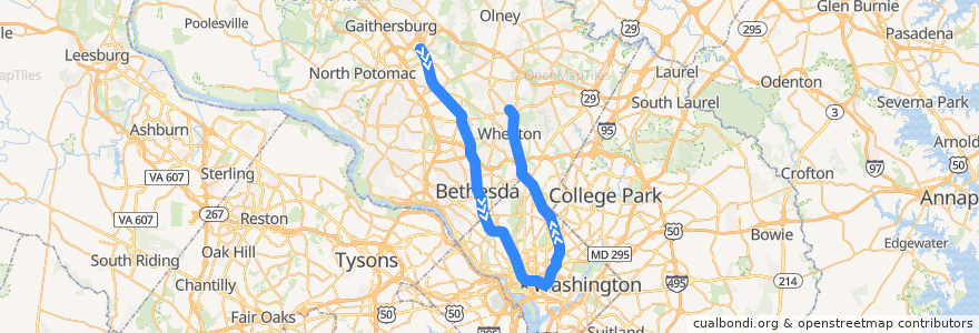 Mapa del recorrido WMATA Red Line: Shady Grove → Glenmont de la línea  en Amerika Birleşik Devletleri.