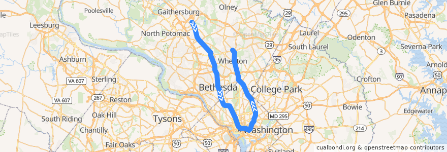 Mapa del recorrido WMATA Red Line: Shady Grove → Glenmont de la línea  en Estados Unidos da América.