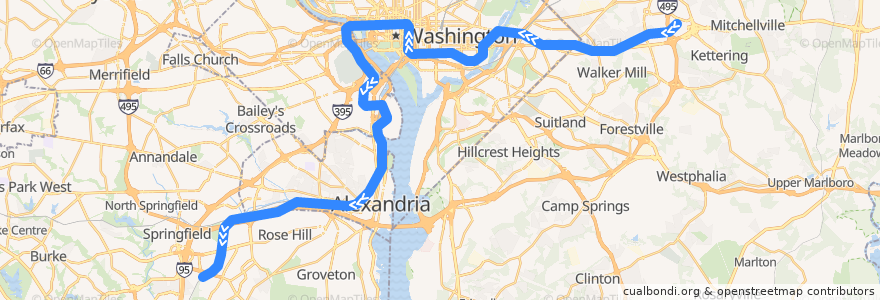 Mapa del recorrido WMATA Blue Line: Largo Town Center → Franconia–Springfield de la línea  en Stati Uniti d'America.