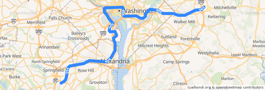 Mapa del recorrido WMATA Blue Line: Largo Town Center → Franconia–Springfield de la línea  en Estados Unidos da América.