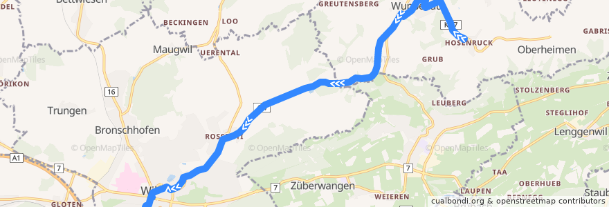 Mapa del recorrido Bus 722: Hosenruck, Post => Wil, Bahnhof de la línea  en Schweiz/Suisse/Svizzera/Svizra.