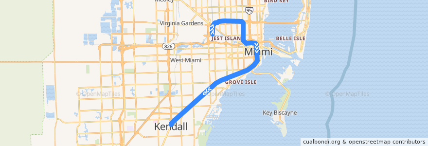 Mapa del recorrido Orange Line: Miami International Airport => Dadeland South de la línea  en Condado de Miami-Dade.