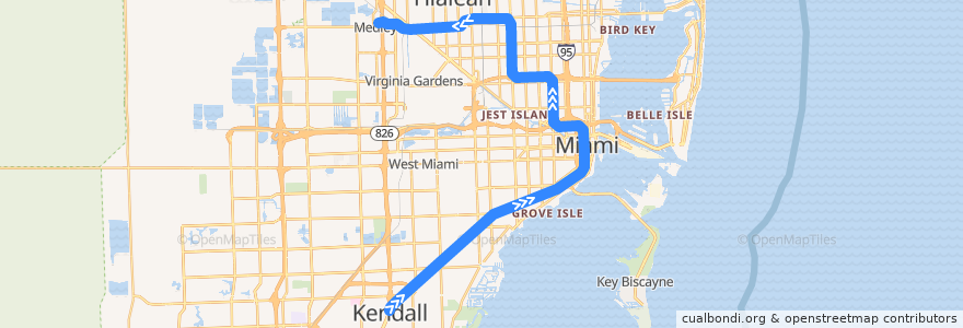 Mapa del recorrido Green Line: Dadeland South => Palmetto de la línea  en Miami-Dade County.