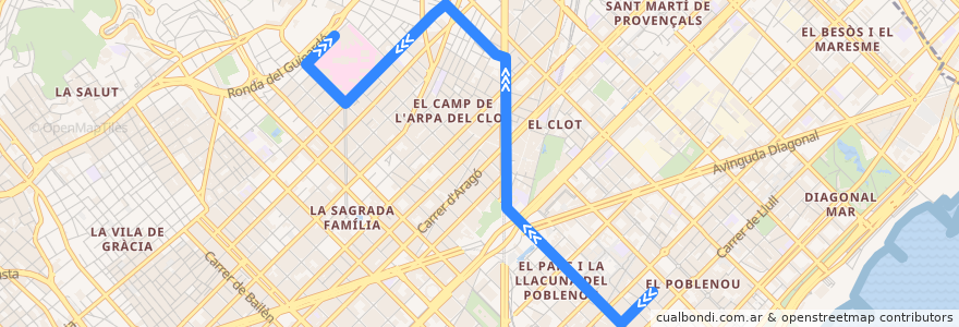 Mapa del recorrido 192 Poblenou => Hospital de Sant Pau de la línea  en Barcelona.