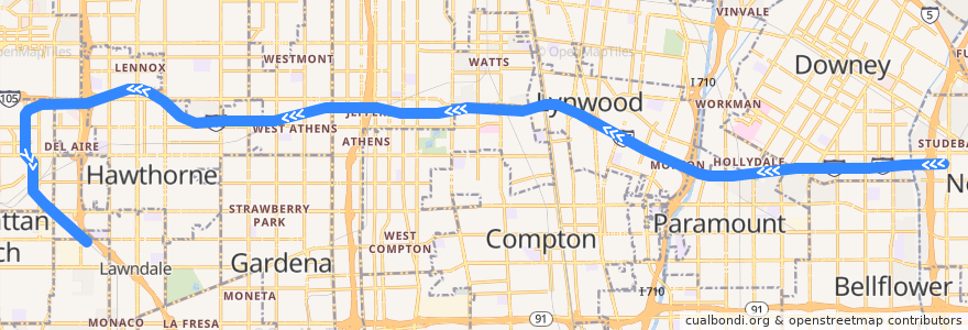 Mapa del recorrido Metro Green Line (C): Norwalk → Redondo Beach de la línea  en مقاطعة لوس أنجلس.