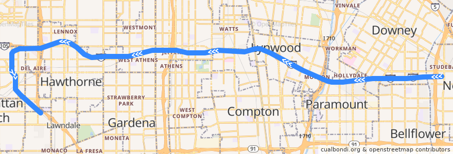 Mapa del recorrido Metro Green Line (C): Norwalk → Redondo Beach de la línea  en Los Angeles County.