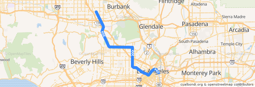 Mapa del recorrido Metro Red Line (B) - Union Station → North Hollywood de la línea  en Los Angeles.