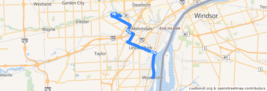 Mapa del recorrido 140 SB: Dearborn TC => Wyandotte via Henry Ford Academy de la línea  en مقاطعة وين.