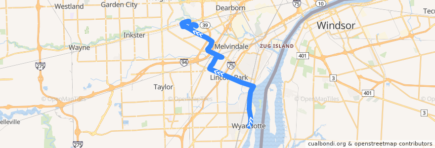 Mapa del recorrido 140 NB: Wyandotte => Dearborn TC via Henry Ford Academy de la línea  en Wayne County.