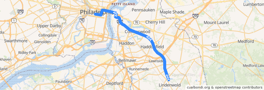 Mapa del recorrido PATCO Speedline: Lindenwold => 15th-16th & Locust de la línea  en Camden County.