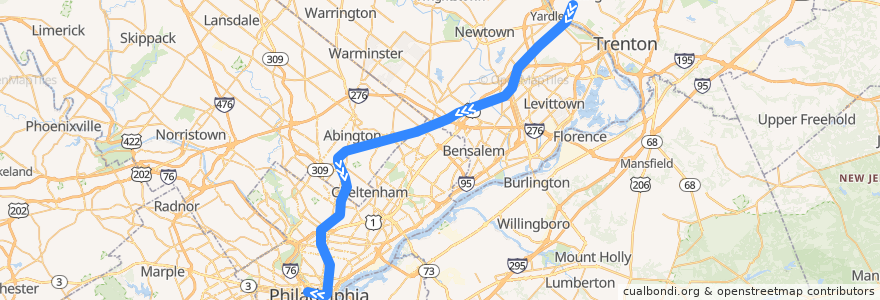 Mapa del recorrido SEPTA West Trenton Line: West Trenton => Center City de la línea  en 宾夕法尼亚 / 賓夕法尼亞州.