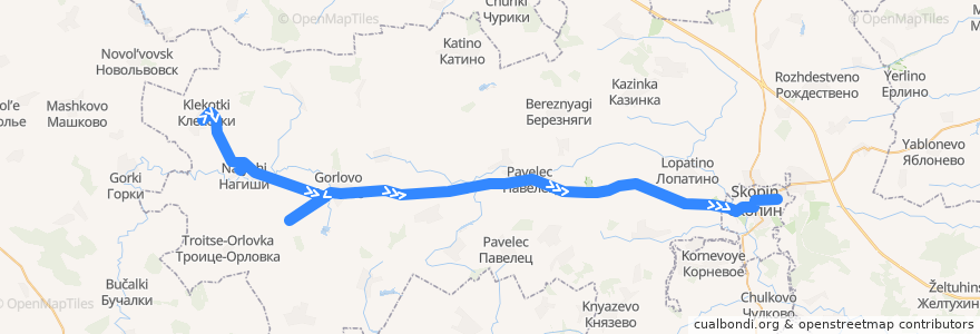 Mapa del recorrido Автобус №116 (Клекотки - Нагиши - Рудинка - Скопин) de la línea  en Скопинский район.