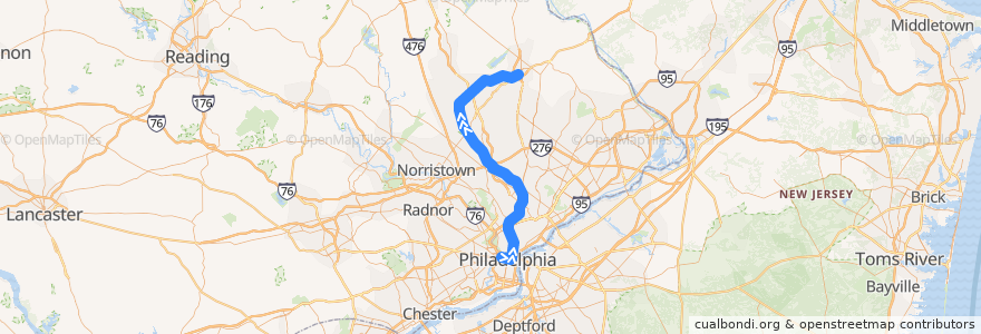 Mapa del recorrido SEPTA Lansdale/Doylestown Line: Center City => Doylestown de la línea  en ペンシルベニア州.