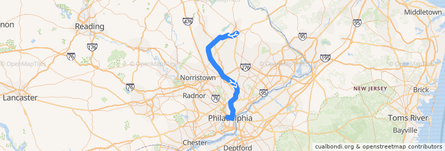 Mapa del recorrido SEPTA Lansdale/Doylestown Line: Doylestown => Center City de la línea  en Pensilvânia.