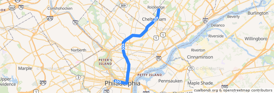 Mapa del recorrido SEPTA Fox Chase Line: Center City => Fox Chase de la línea  en Philadelphia County.