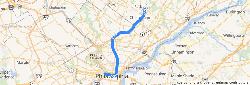 Mapa del recorrido SEPTA Fox Chase Line: Fox Chase => Center City de la línea  en Philadelphia County.