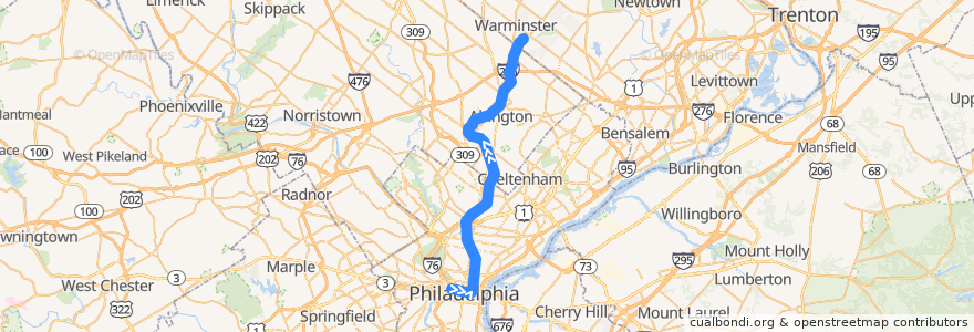 Mapa del recorrido SEPTA Warminster Line: Center City => Warminster de la línea  en پنسیلوانیا.