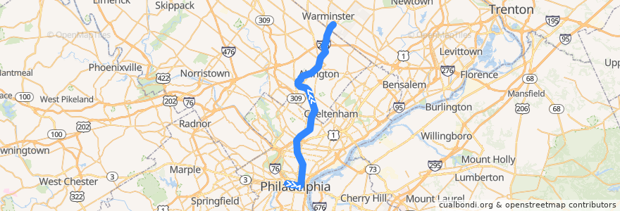 Mapa del recorrido SEPTA Warminster Line: Center City => Warminster de la línea  en 펜실베이니아.