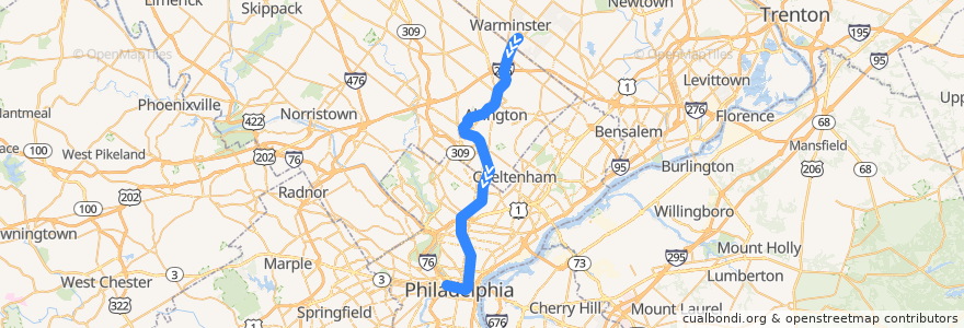 Mapa del recorrido SEPTA Warminster Line: Warminster => Center City de la línea  en 宾夕法尼亚 / 賓夕法尼亞州.