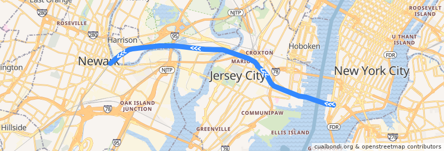 Mapa del recorrido PATH: WTC → Newark de la línea  en Hudson County.